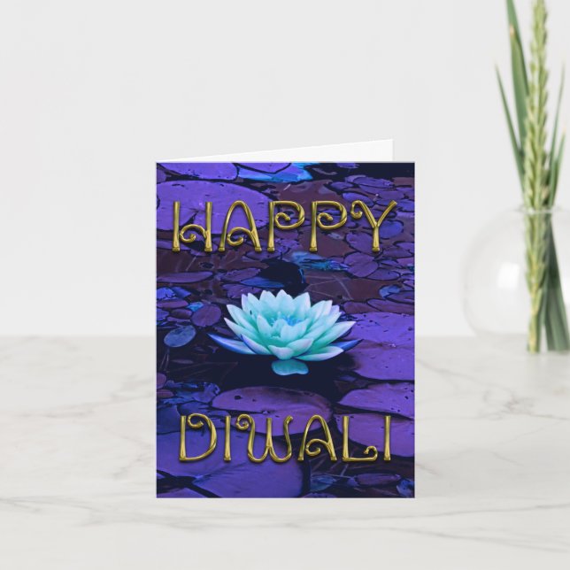Tarjeta Happy Diwali Typography Purple Floral Lotus Flower (Anverso)