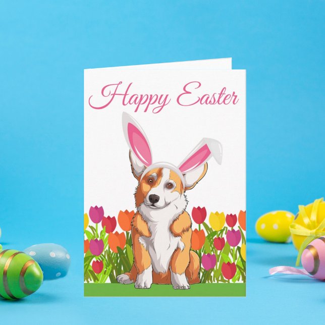 Tarjeta Happy Easter Cute Corgi Bunny Ears Floral (Subido por el creador)