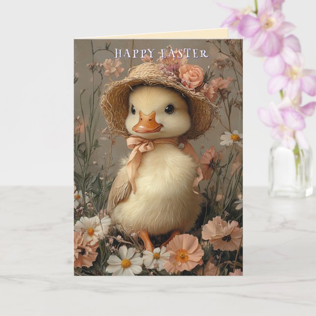 Tarjeta Happy Easter Cute Duck Straw Hat Pink Flowers (Orquídea)