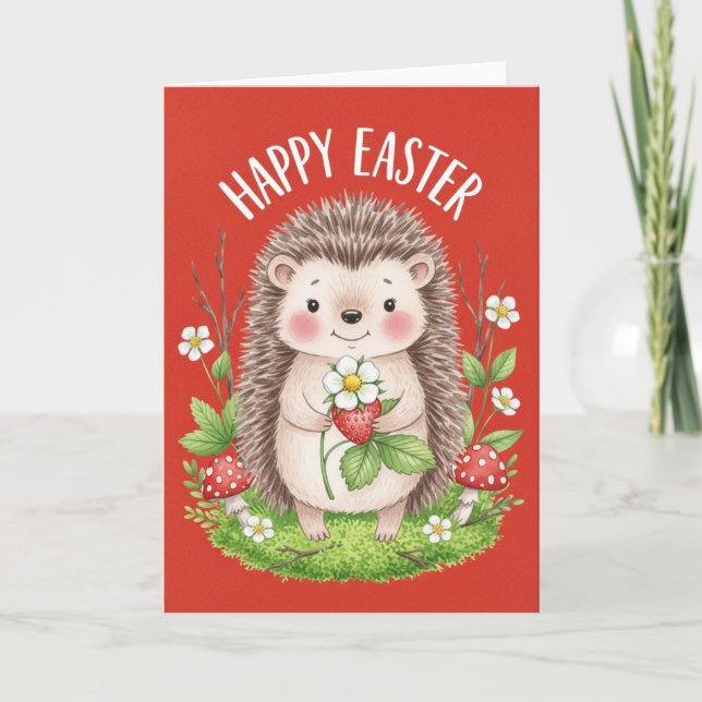 Tarjeta Happy Easter Cute Hedgehog Holding Strawberry  (Anverso)
