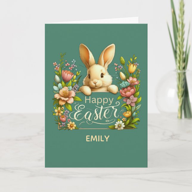 Tarjeta Happy Easter Elegant Bunny Floral Spring Design (Anverso)