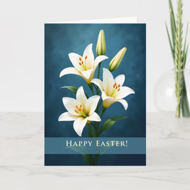 Tarjeta Happy Easter Elegant White Lilies Blue Background (Anverso)