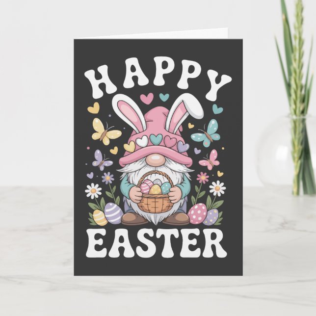 Tarjeta Happy Easter Gnome With Bunny Ears Colorful Eggs  (Anverso)