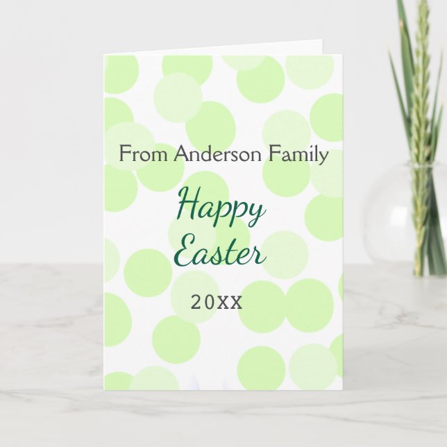 Tarjeta Happy Easter gray green polka dots family name (Anverso)