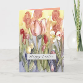 Tarjeta Happy Easter Pink Tulips Daffodil Watercolor