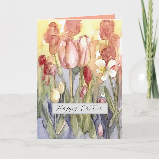 Tarjeta Happy Easter Pink Tulips Daffodil Watercolor (Anverso)