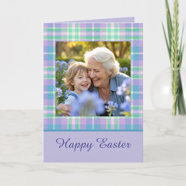 Tarjeta Happy Easter Plaid One Photo Purple Blue Pastel (Anverso)