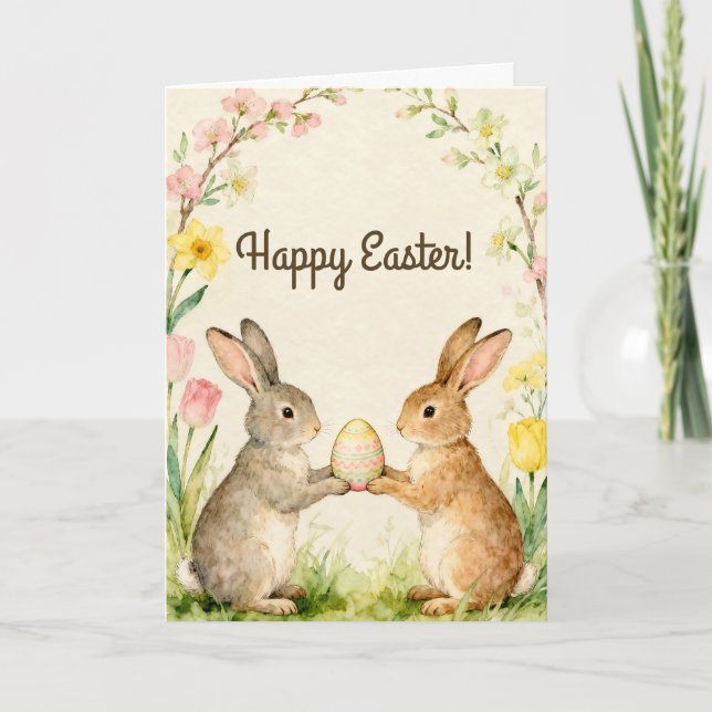 Tarjeta Happy Easter Vintage Bunnies with Egg (Anverso)