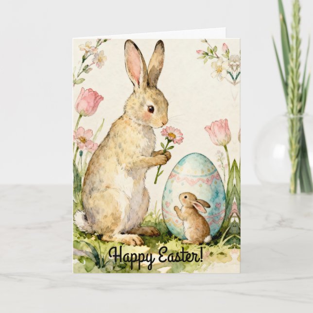 Tarjeta Happy Easter Vintage Bunny Family Illustration (Anverso)