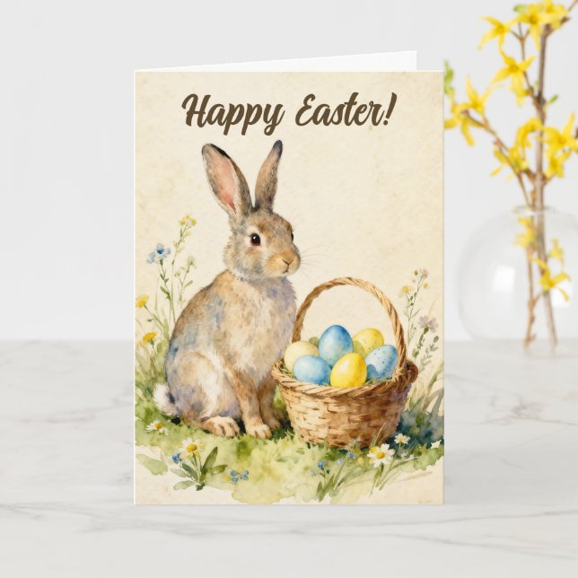 Tarjeta Happy Easter Vintage Bunny with Egg Basket (flor amarilla)