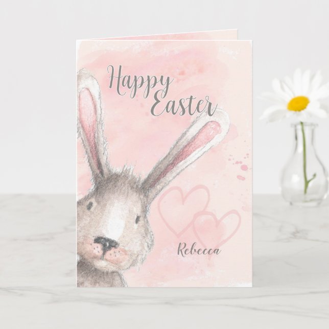 Tarjeta Happy Easter Watercolor Bunny Custom Name (Planta pequeña)