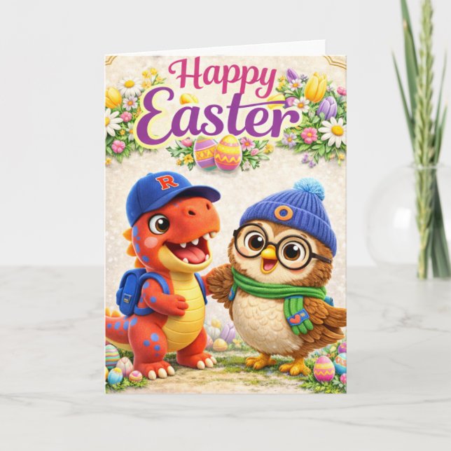 Tarjeta Happy Easter with Rex and cute dinosaur and owl sp (Anverso)