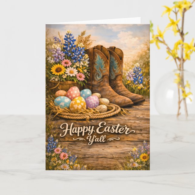 Tarjeta Happy Easter Y’all Boots & Wildflowers Card (flor amarilla)