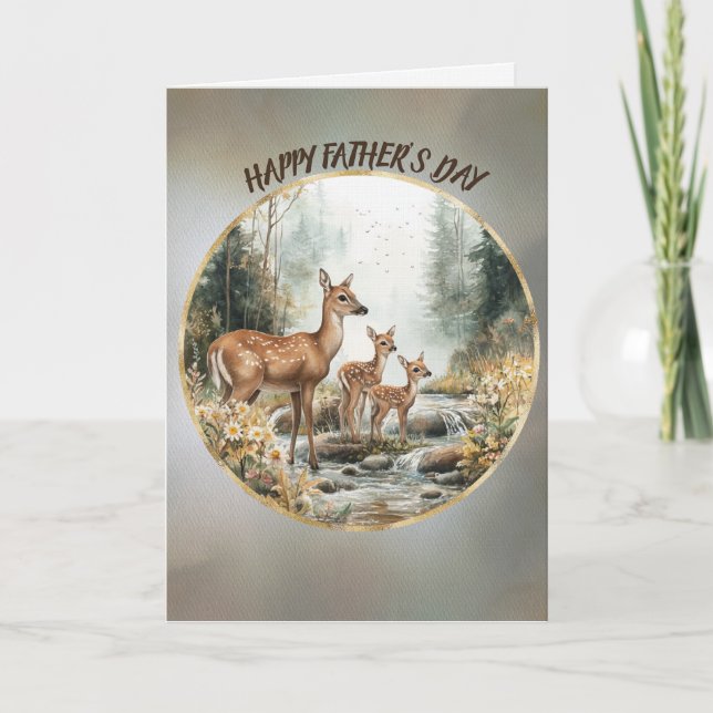 Tarjeta Happy Father's Day Doe and Twin Fawns In A Stream (Anverso)
