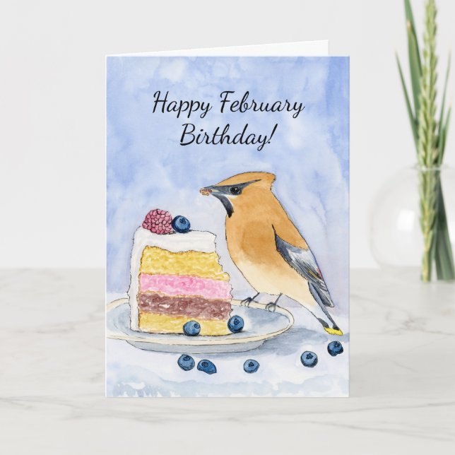 Tarjeta  Happy February Birthday Cedar Waxwing Cake (Anverso)