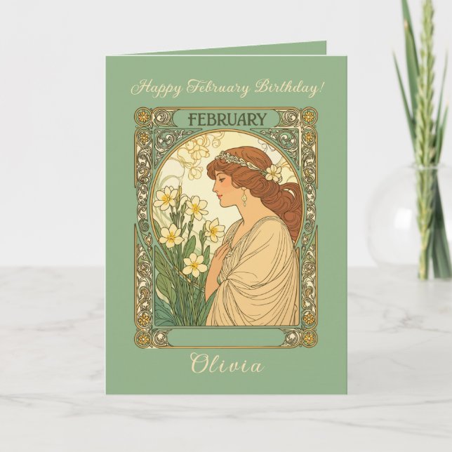 Tarjeta Happy February Birthday Primrose Flowers Art Nouve (Anverso)