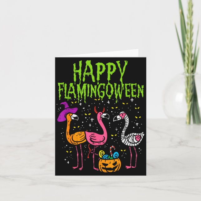 Tarjeta Happy Flamingoween Y Flamingos Funny Halloween Cos (Anverso)