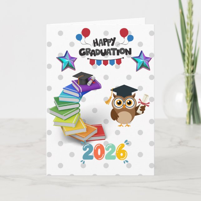 Tarjeta Happy Graduation 2026 - Cute Owl & Books  (Anverso)