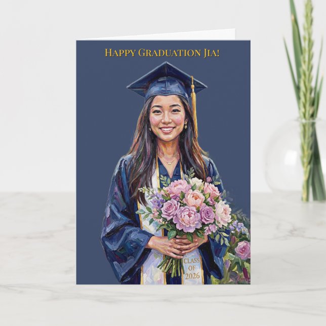 Tarjeta  Happy Graduation Floral Asian Woman Graduation (Anverso)