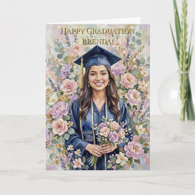 Tarjeta Happy Graduation Floral Girl Oil Painting Personal (Anverso)