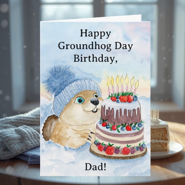 Tarjeta Happy Groundhog Day Birthday Groundhog with Cake (Subido por el creador)