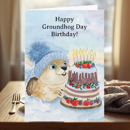 Tarjeta Happy Groundhog Day Birthday Groundhog with Cake