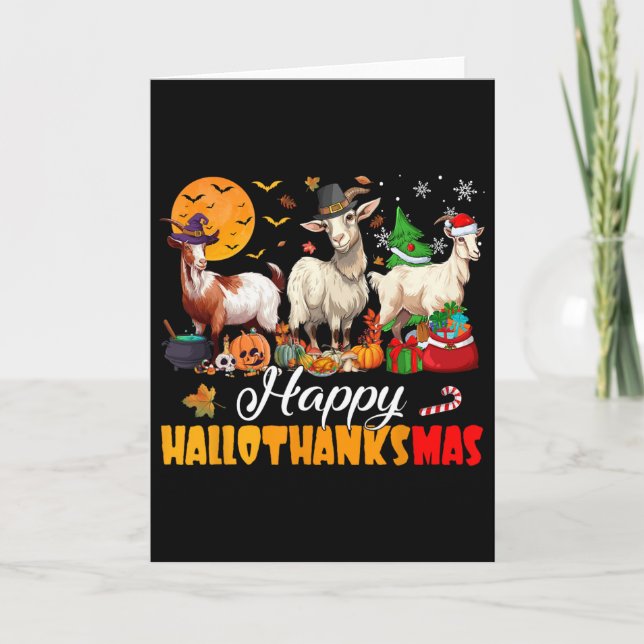 Tarjeta Happy Hallothanksmas Goat Halloween Thanksgiving C (Anverso)