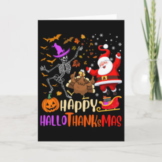 Tarjeta Happy Hallothanksmas Skeleton Pumpkin Turkey Santa
