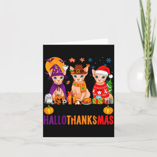 Tarjeta Happy Hallothanksmas Sphynx Cats Halloween Thanksg (Anverso)