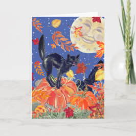 Tarjeta Happy Halloween Black Cat Pumpkin Patch Moon