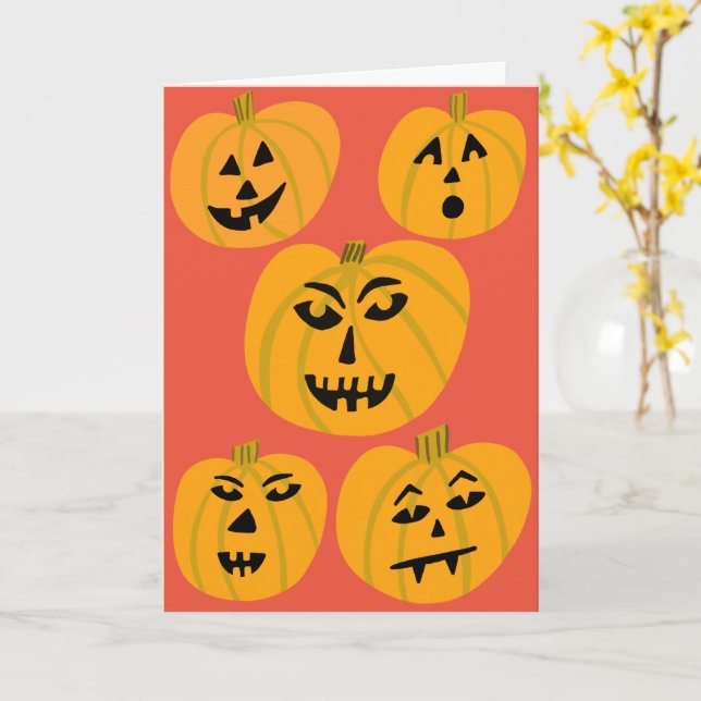 Tarjeta HAPPY HALLOWEEN Calabazas Jack-O-Lanterns (flor amarilla)