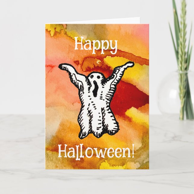 Tarjeta Happy Halloween Cartoon Ghost Doodle Greeting Card (Anverso)