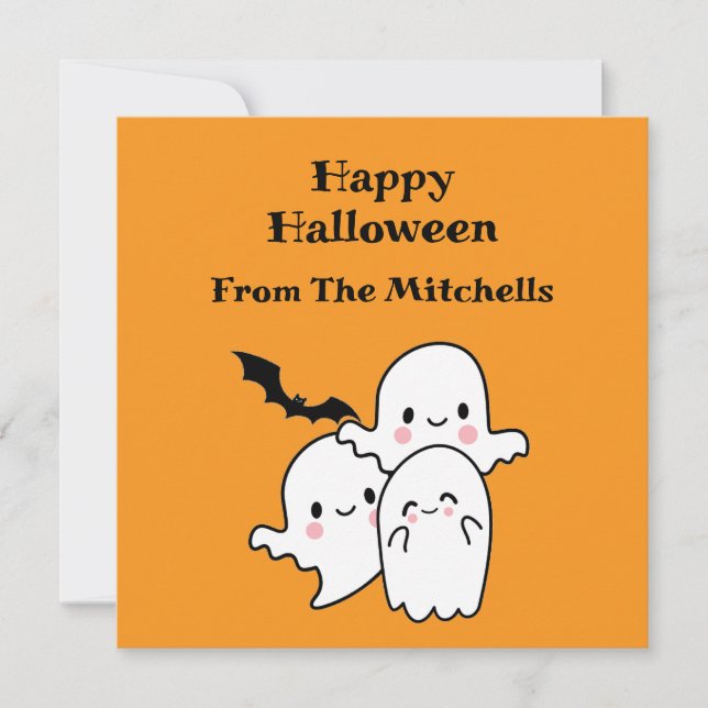 Tarjeta Happy Halloween Ghost Bat Orange Modern Simple (Anverso)