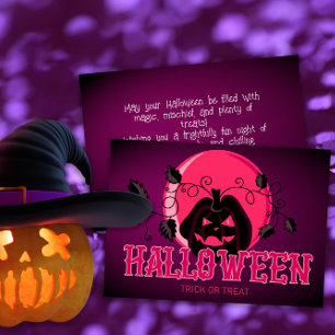 Tarjeta Happy Halloween Scary Pumpkin y Purple Pink Moon