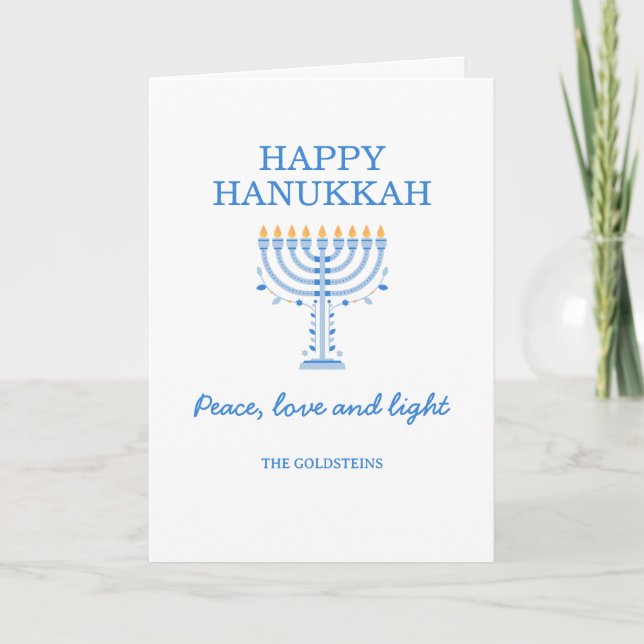 Tarjeta Happy Hanukkah Blue and White Menorah (Anverso)