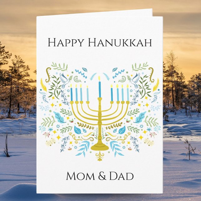 Tarjeta Happy Hanukkah Menorah with Flowers Mom & Dad (Subido por el creador)
