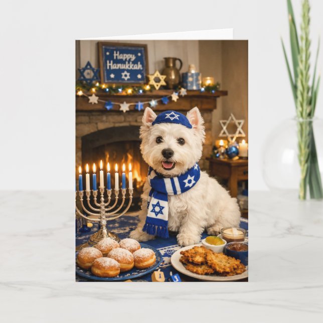 Tarjeta Happy Hanukkah Westie Card – Festive Jewish Dog (Anverso)