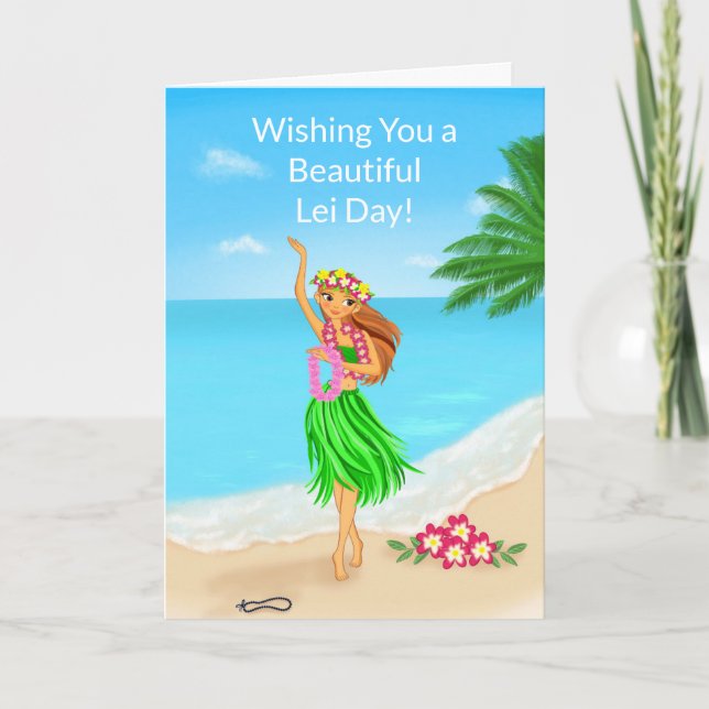 Tarjeta Happy Hawaiian Lei Day Hula Girl Beach (Anverso)