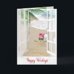 Tarjeta Happy Holidays Beach Window<br><div class="desc">Abierta y con cortinas de arena Navidades,  hombre en la playa,  palmeras y agua del océano. El texto es editable.</div>