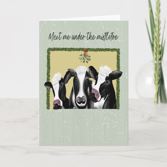 Tarjeta Happy Holidays Cows Meet Me Under the Mistletoe (Anverso)