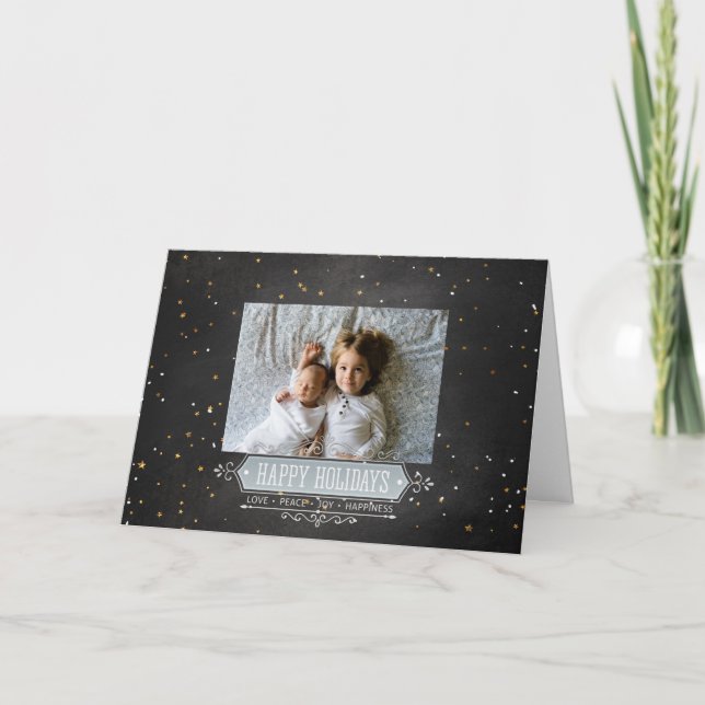 Tarjeta Happy Holidays Family Photo Chalkboard Stars Card (Anverso)
