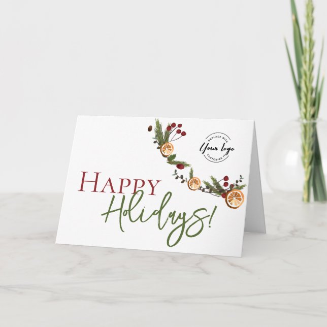 Tarjeta Happy Holidays Oranges wreath leaves Custom Logo  (Anverso)