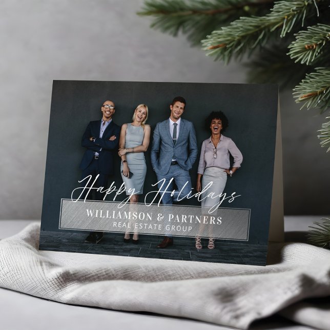 Tarjeta Happy Holidays Script Company Photo Silver Plaque (Happy Holidays Script Company Photo Silver Plaque Card)