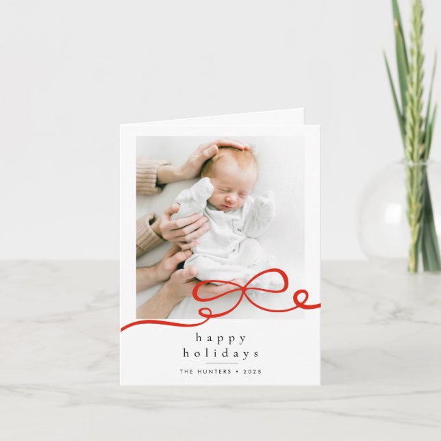Tarjeta Happy Holidays Simple Red Ribbon Photo Folded (Anverso)
