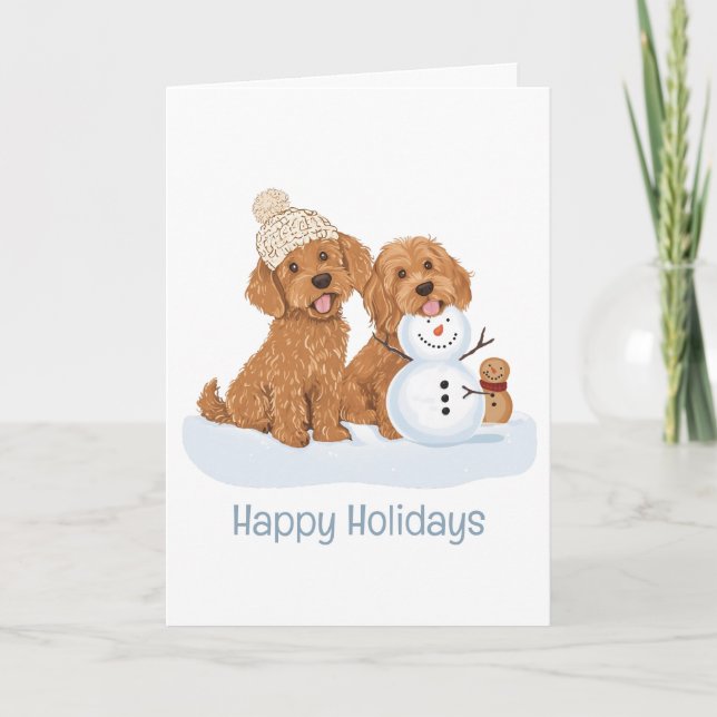 Tarjeta Happy Holidays Winter Goldendoodle Dog Snowman (Anverso)