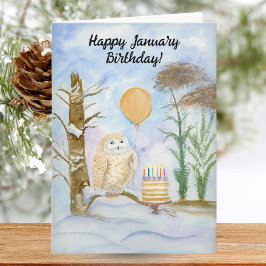 Tarjeta Happy January Birthday Barred Owl with Cake