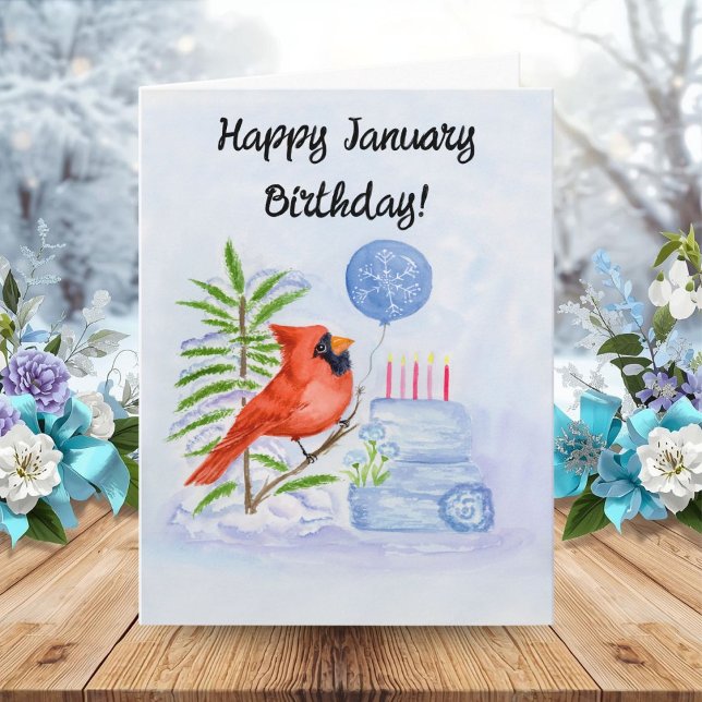 Tarjeta Happy January Birthday Cardinal with Birthday Cake (Subido por el creador)