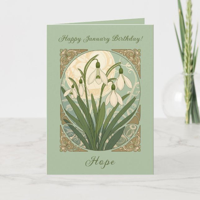 Tarjeta Happy January Birthday Galanthus Flowers Art Nouve (Anverso)