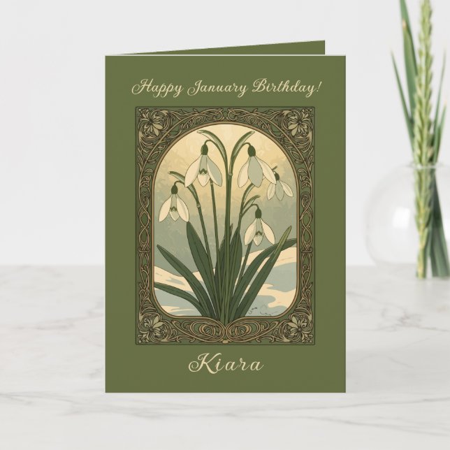 Tarjeta Happy January Birthday Snowdrop Flowers Art Nouvea (Anverso)
