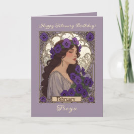 Tarjeta Happy January Birthday Violet Flowers Art Nouveau